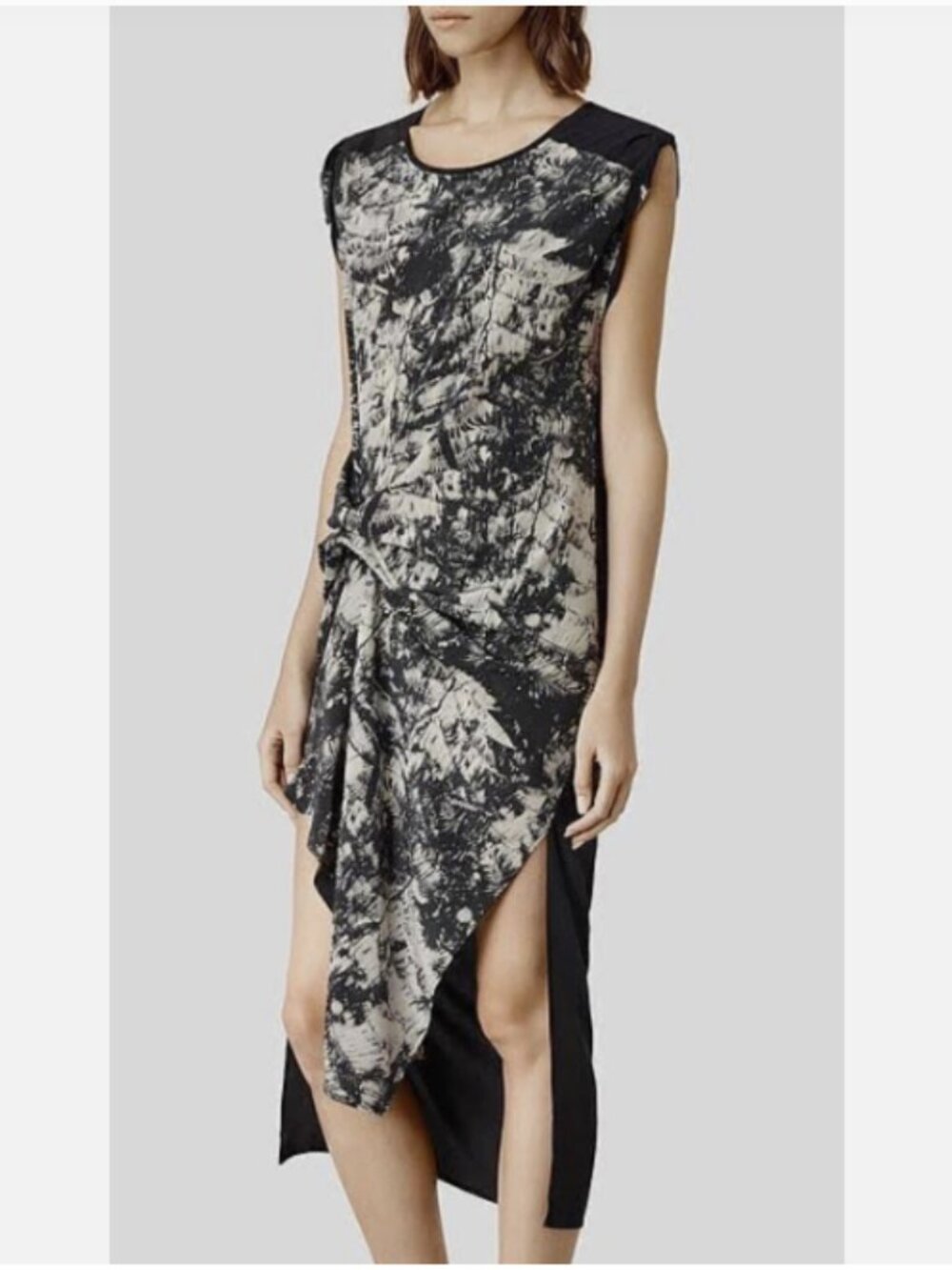 All Saints Riviera Shade Silk Asymmetrical Ruched Dress Palm Print SIZE 8 - Picture 10 of 10